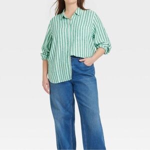 Universal Thread Women's XL Green Long Sleeve Collared Linen Button-Down Shirt